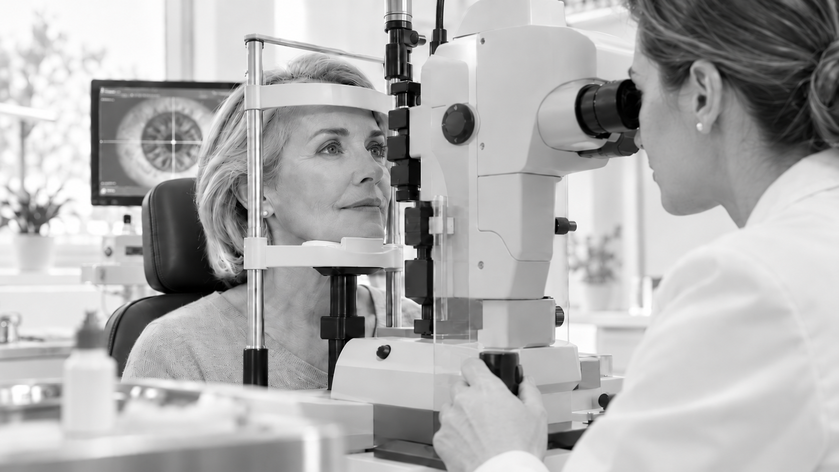 Patient having an eye examination with a slit lamp